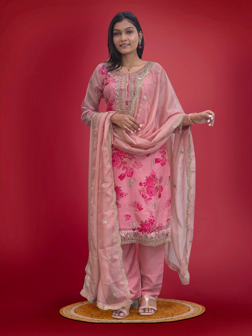 Peach pure Kundan Organza salwar suit with detailed coding embroidery and stone mirror work