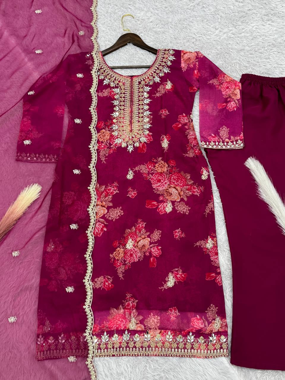 Red Organza Embroidered Salwar Suit with Sequin and Stone Work