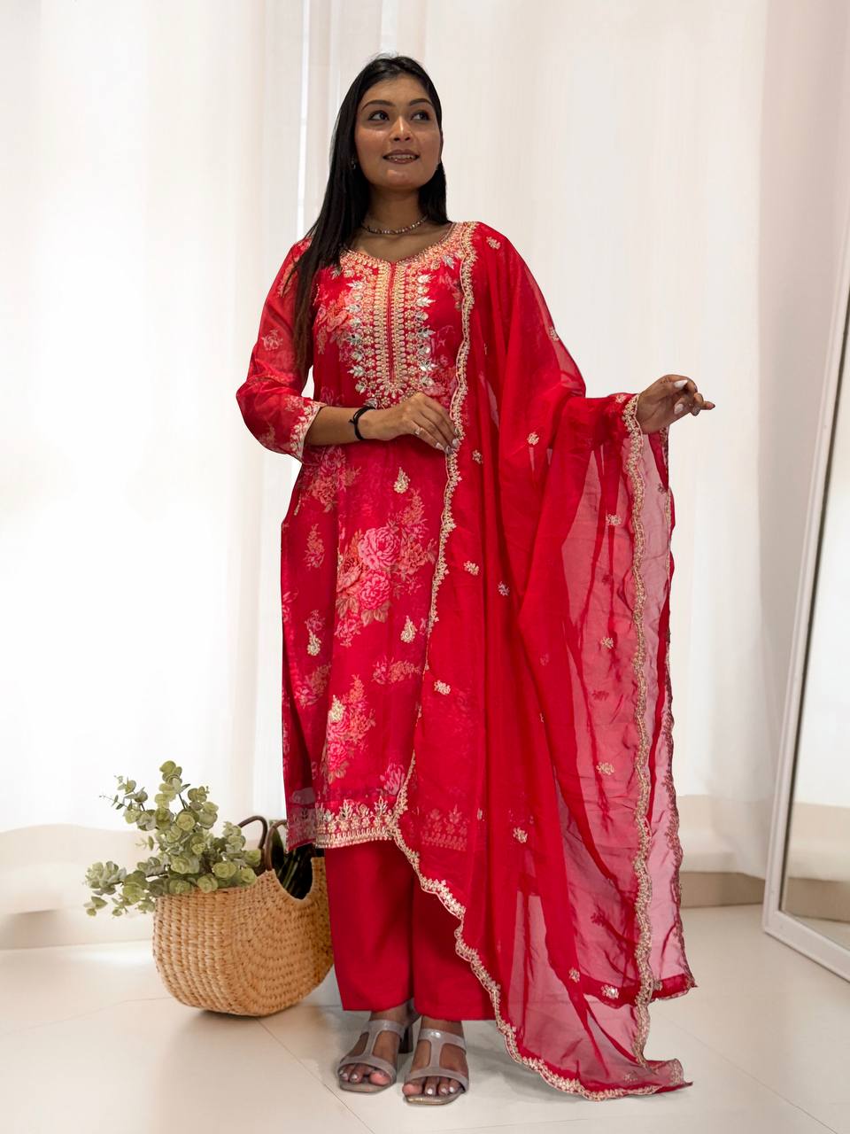 Red Organza salwar suit with heavy mirror hand-work and intricate embroidery