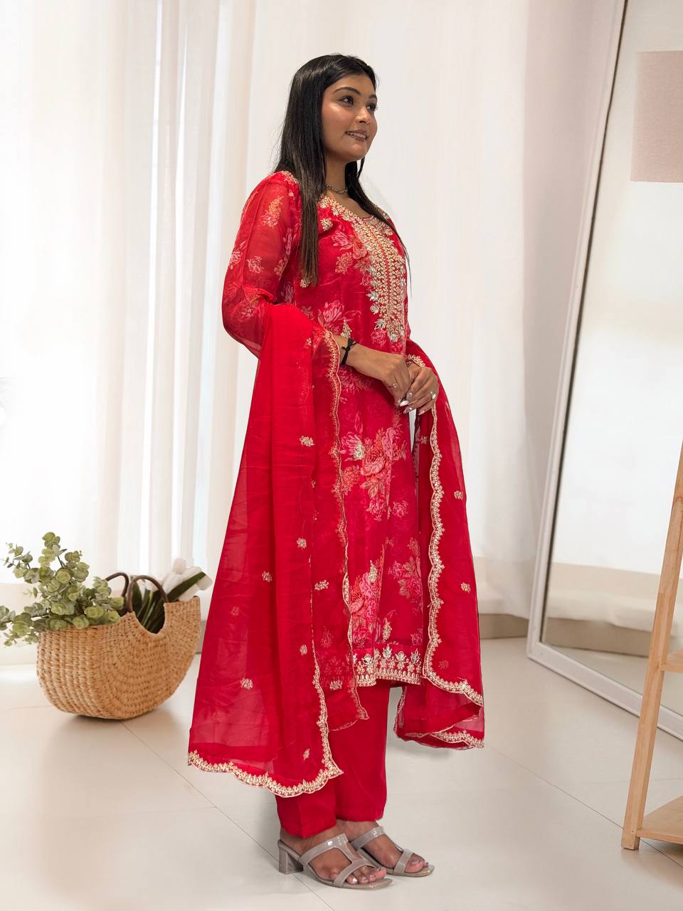 Red Organza Embroidered Salwar Suit with Sequin and Stone Work