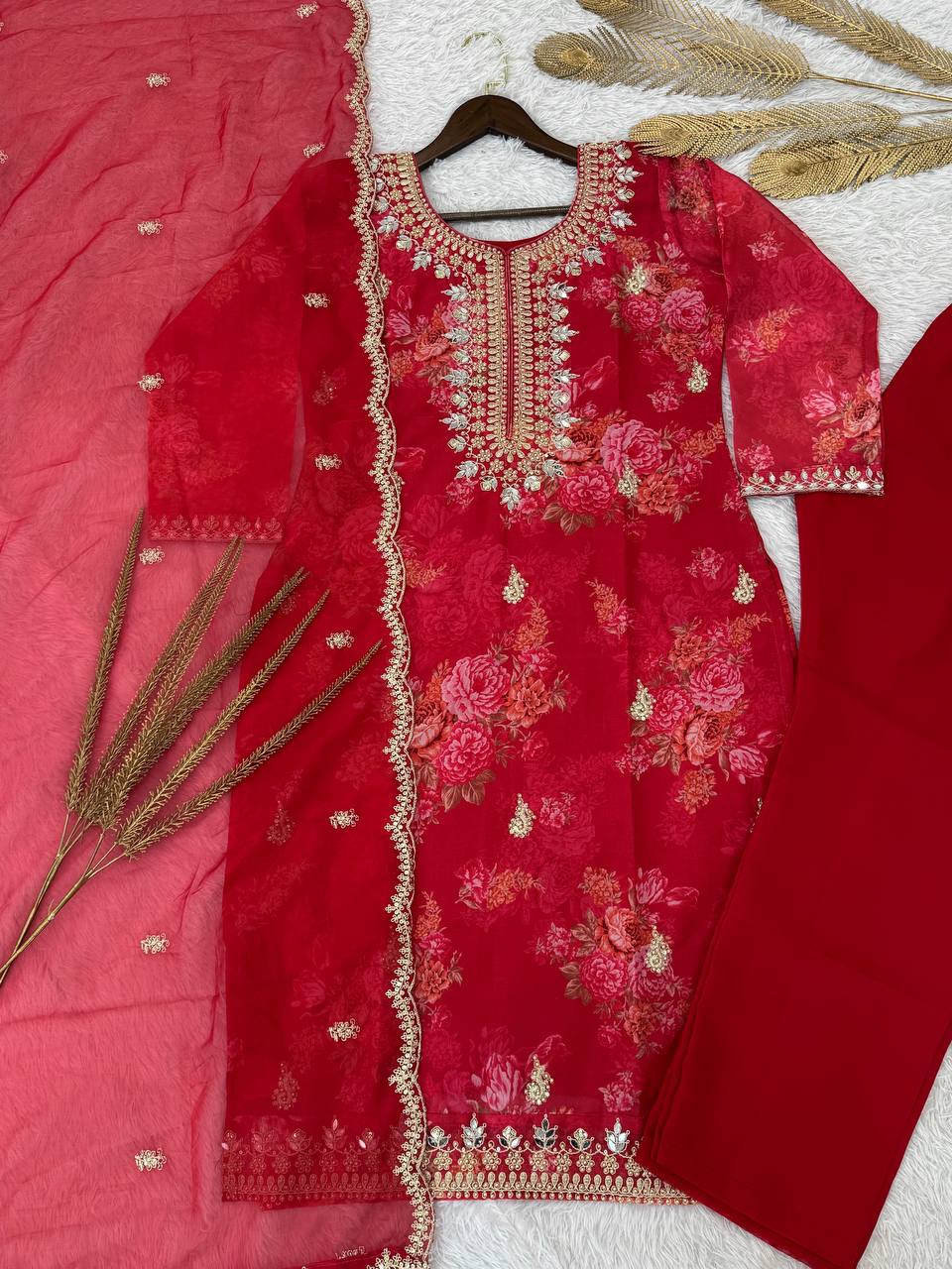 Red Organza Embroidered Salwar Suit with Sequin and Stone Work