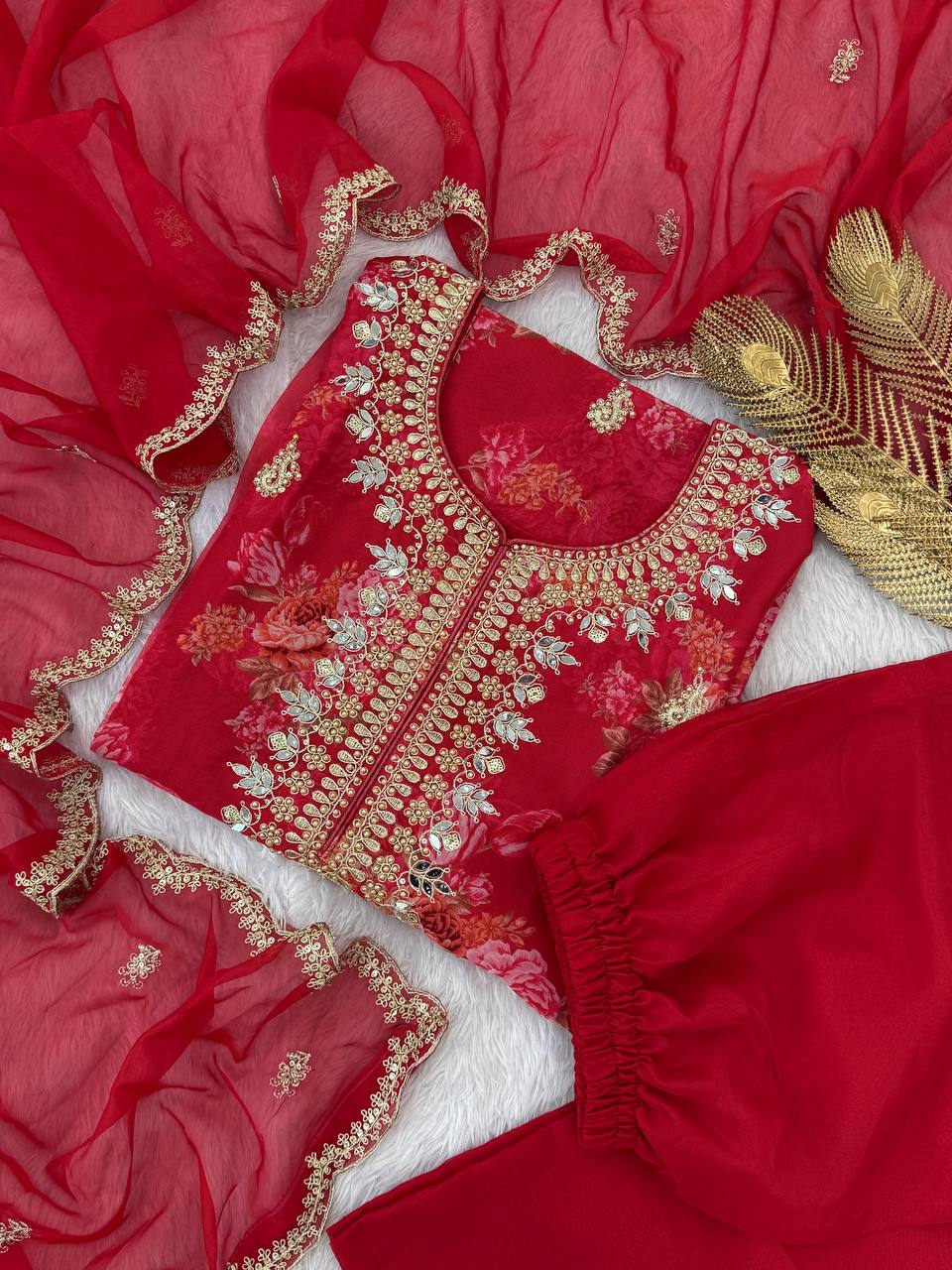 Red Organza Embroidered Salwar Suit with Sequin and Stone Work