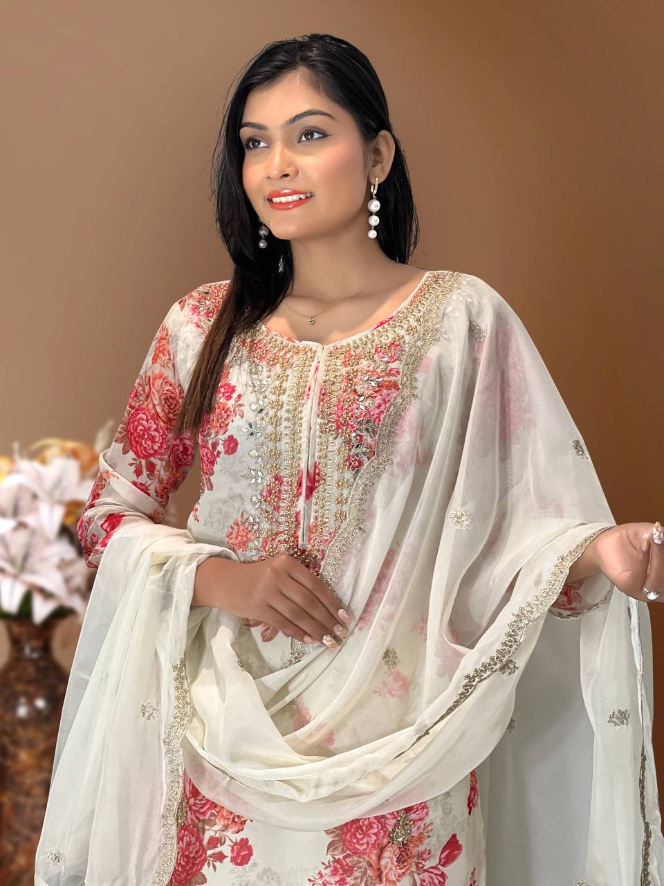 White Organza Embroidery Coding Sequin Salwar Suit with Mirror Work