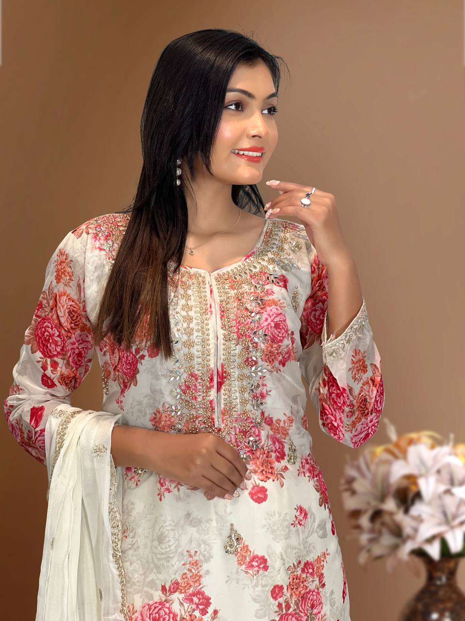 White Organza Embroidery Coding Sequin Salwar Suit with Mirror Work