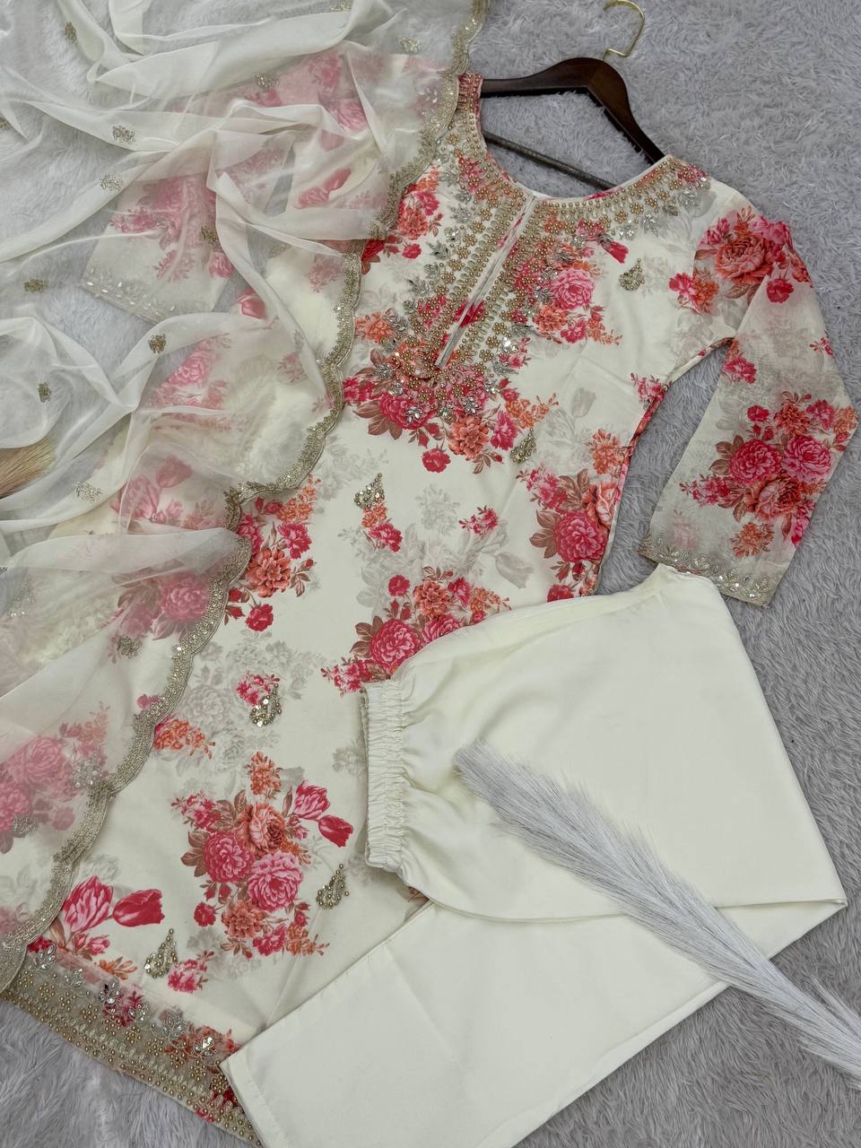 White Organza Embroidery Coding Sequin Salwar Suit with Mirror Work