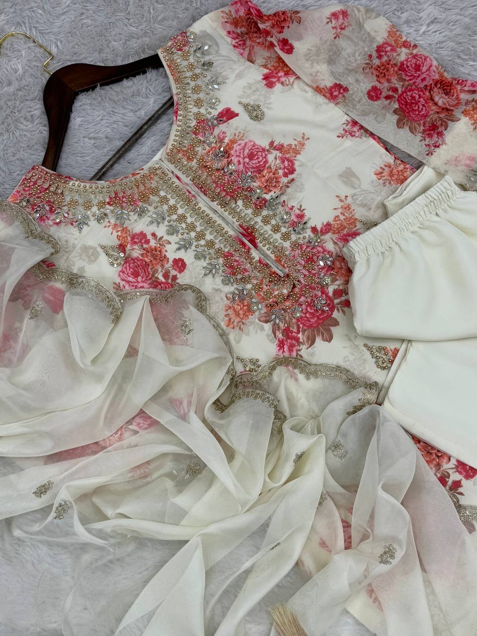 White Organza Embroidery Coding Sequin Salwar Suit with Mirror Work