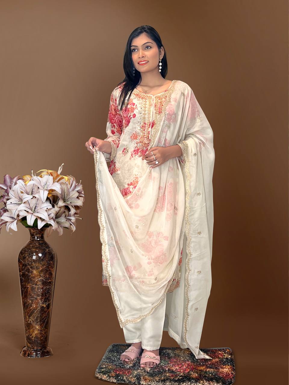 White Organza Salwar Suit with detailed embroidery, sequins, and mirror work