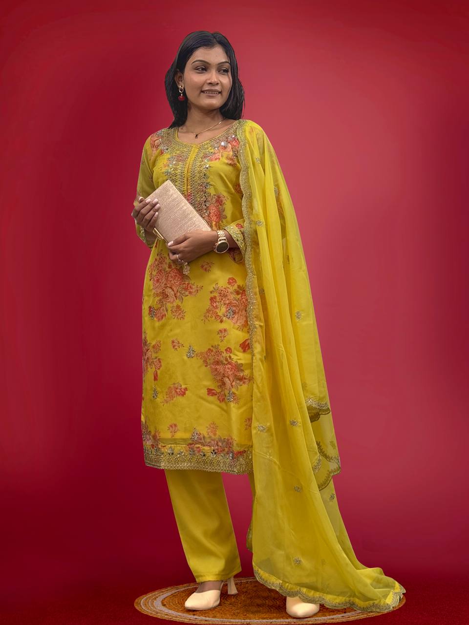 Yellow Organza Salwar Suit with Embroidery Coding and Sequins