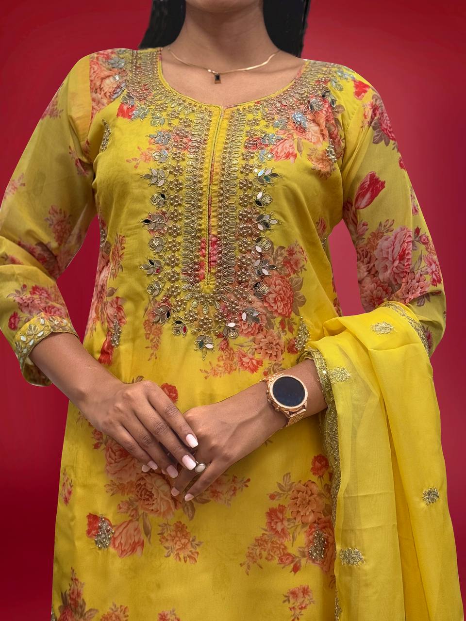 Yellow Organza Salwar Suit with Embroidery Coding and Sequins