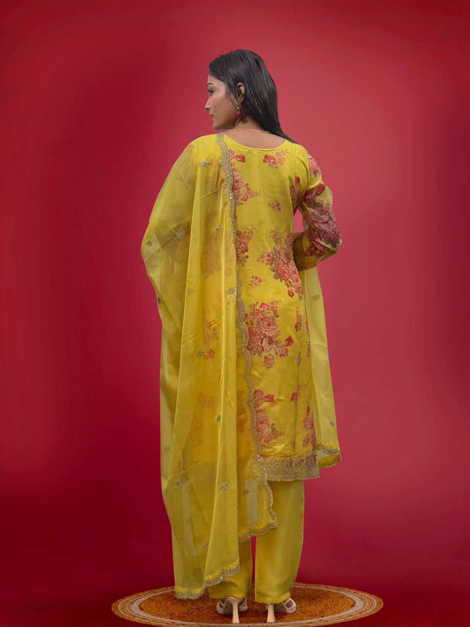 Yellow Organza Salwar Suit with Embroidery Coding and Sequins