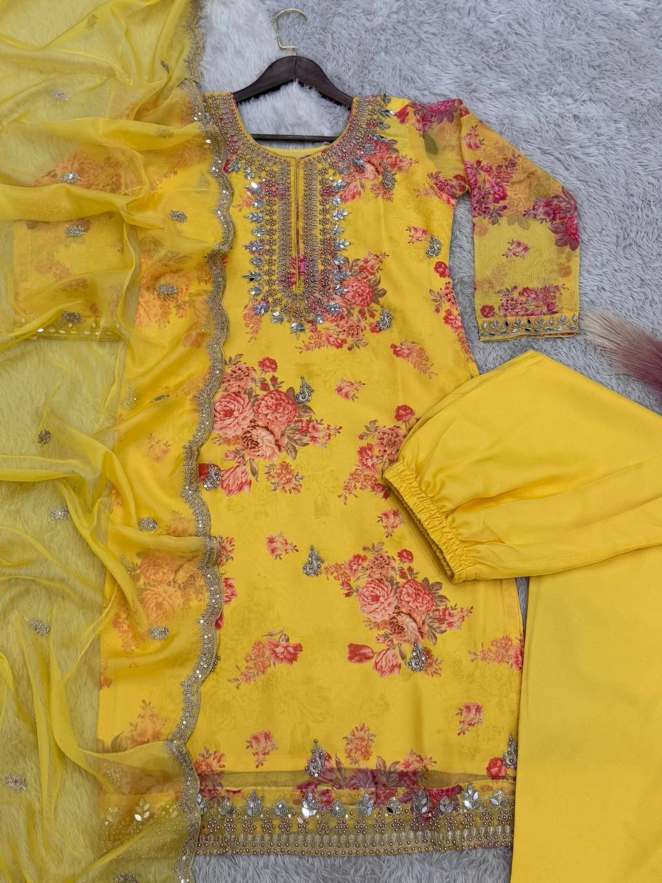 Yellow Organza Salwar Suit with Embroidery Coding and Sequins