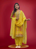 Yellow pure Kundan Organza salwar suit with heavy stone mirror work and embroidery