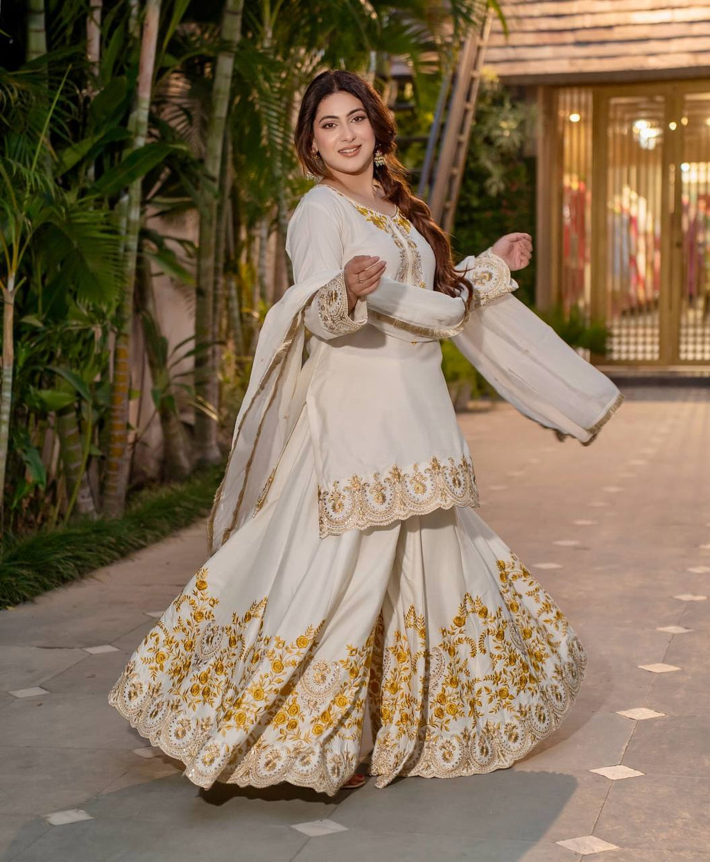 White French Crepe Thread Embroidered Palazzo Suit Set