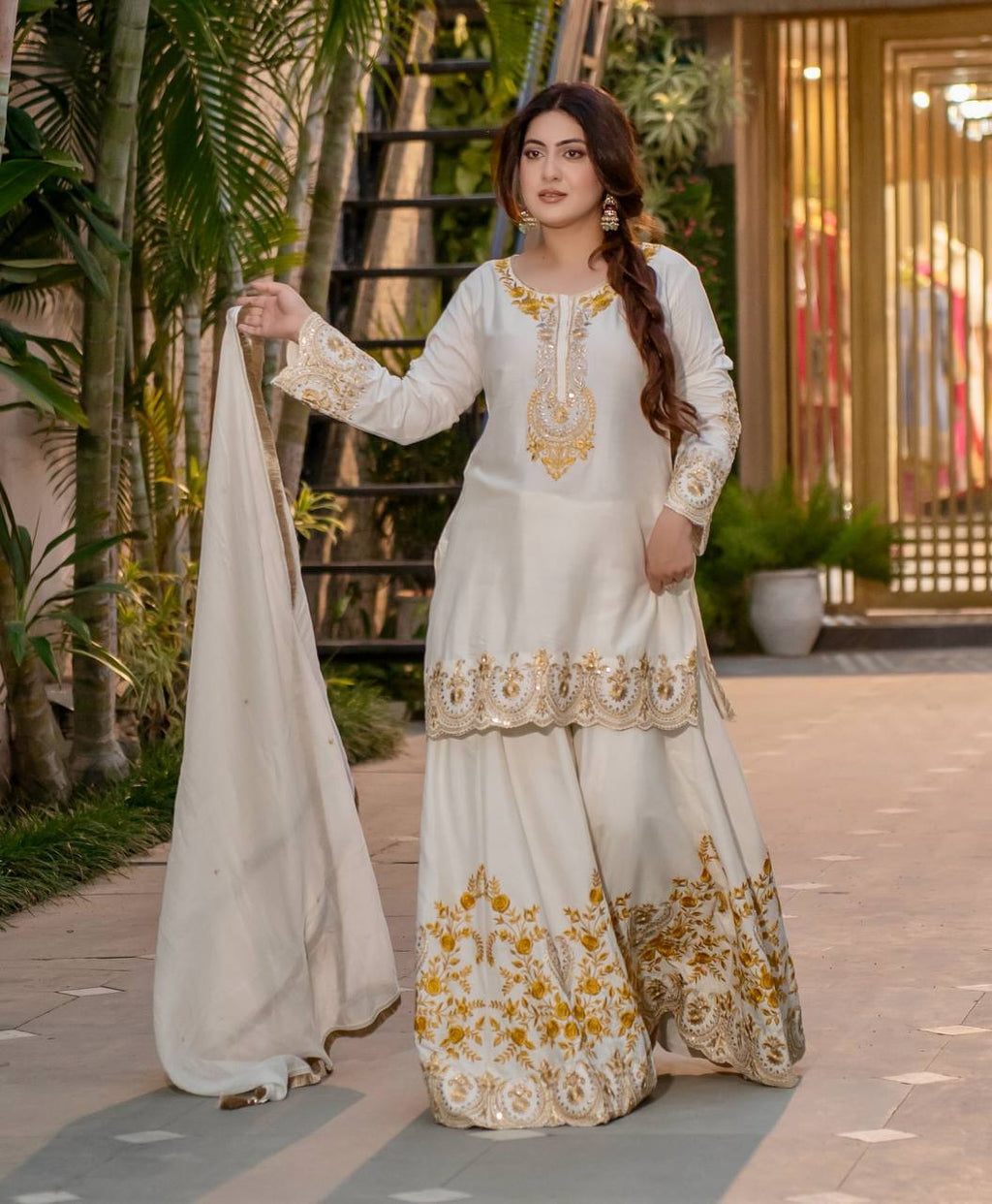 White French Crepe Thread Embroidered Palazzo Suit Set