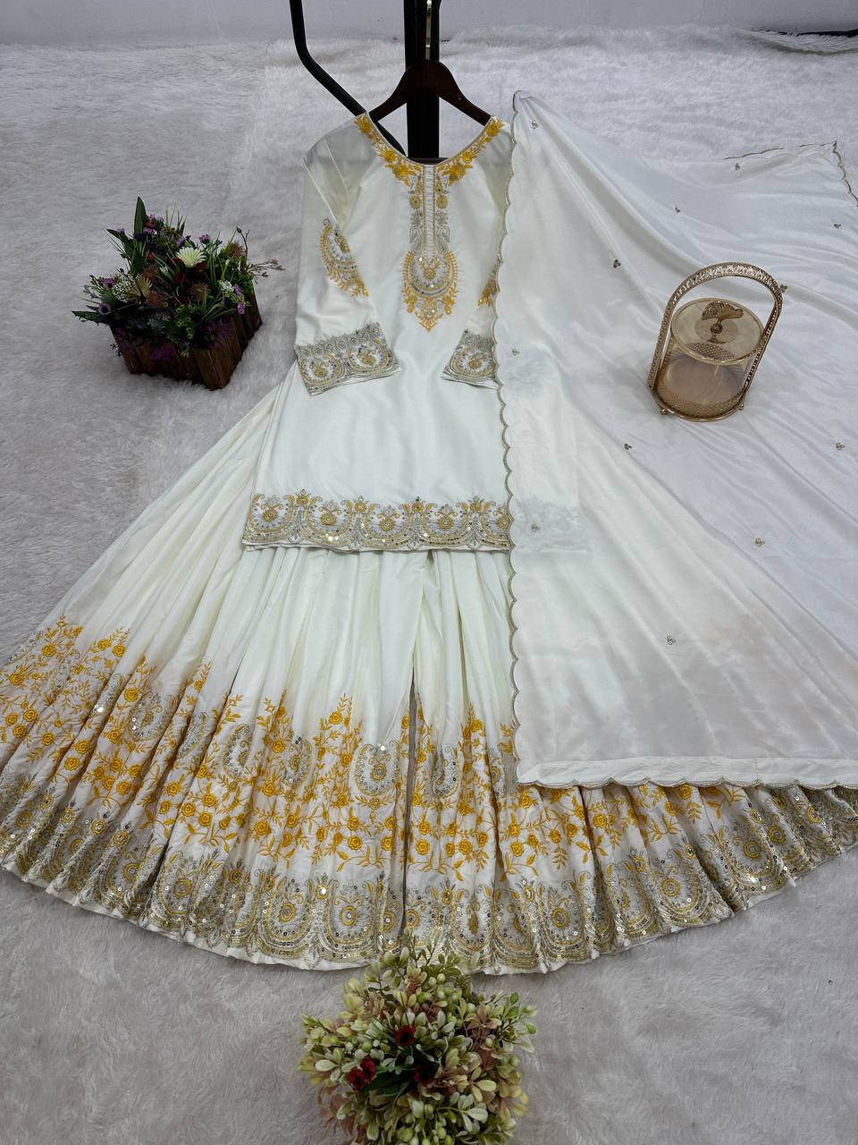 White French Crepe Thread Embroidered Palazzo Suit Set