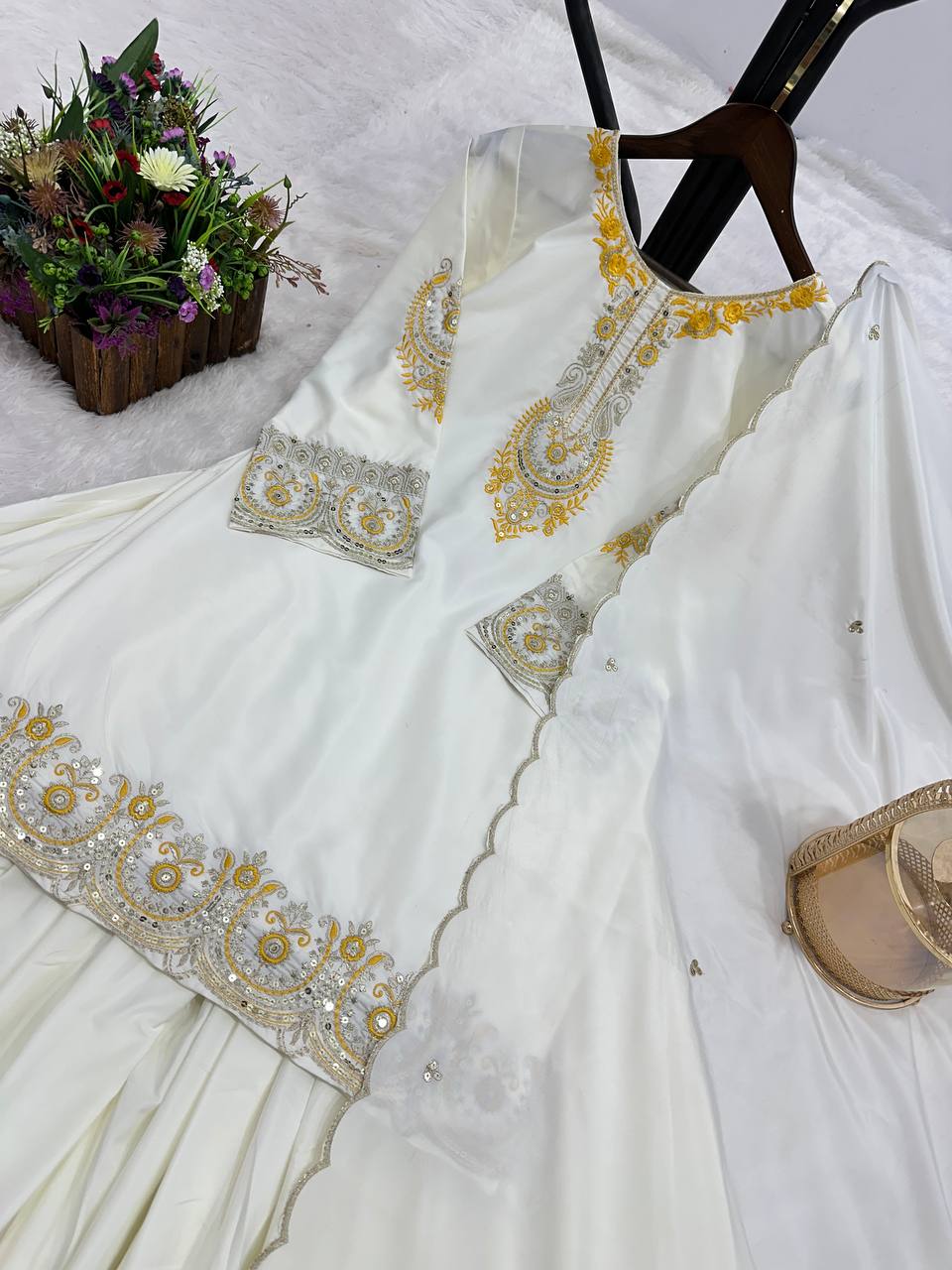 White French Crepe Thread Embroidered Palazzo Suit Set