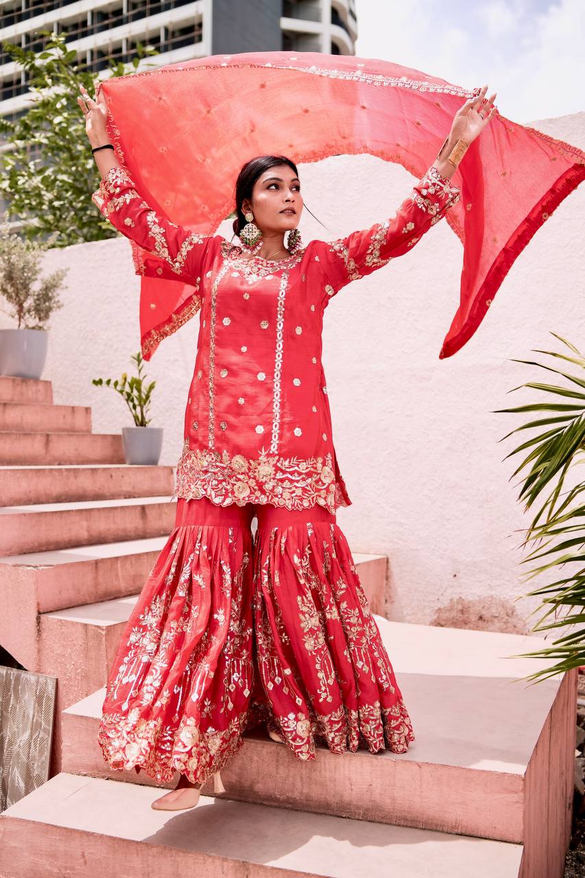 Red Rama Chinon Silk Embroidered Sharara Style Suit for Women