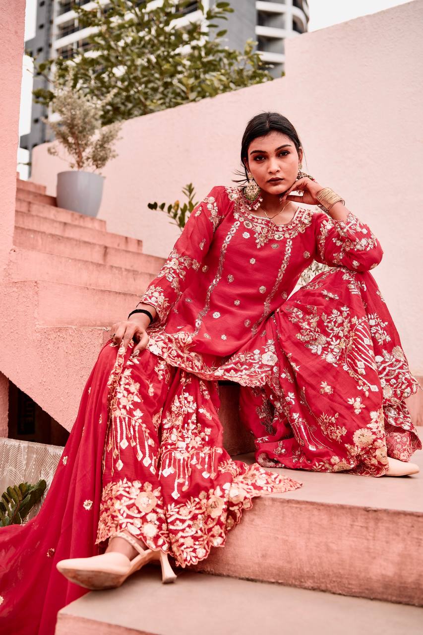Red Rama Chinon Silk Embroidered Sharara Style Suit for Women