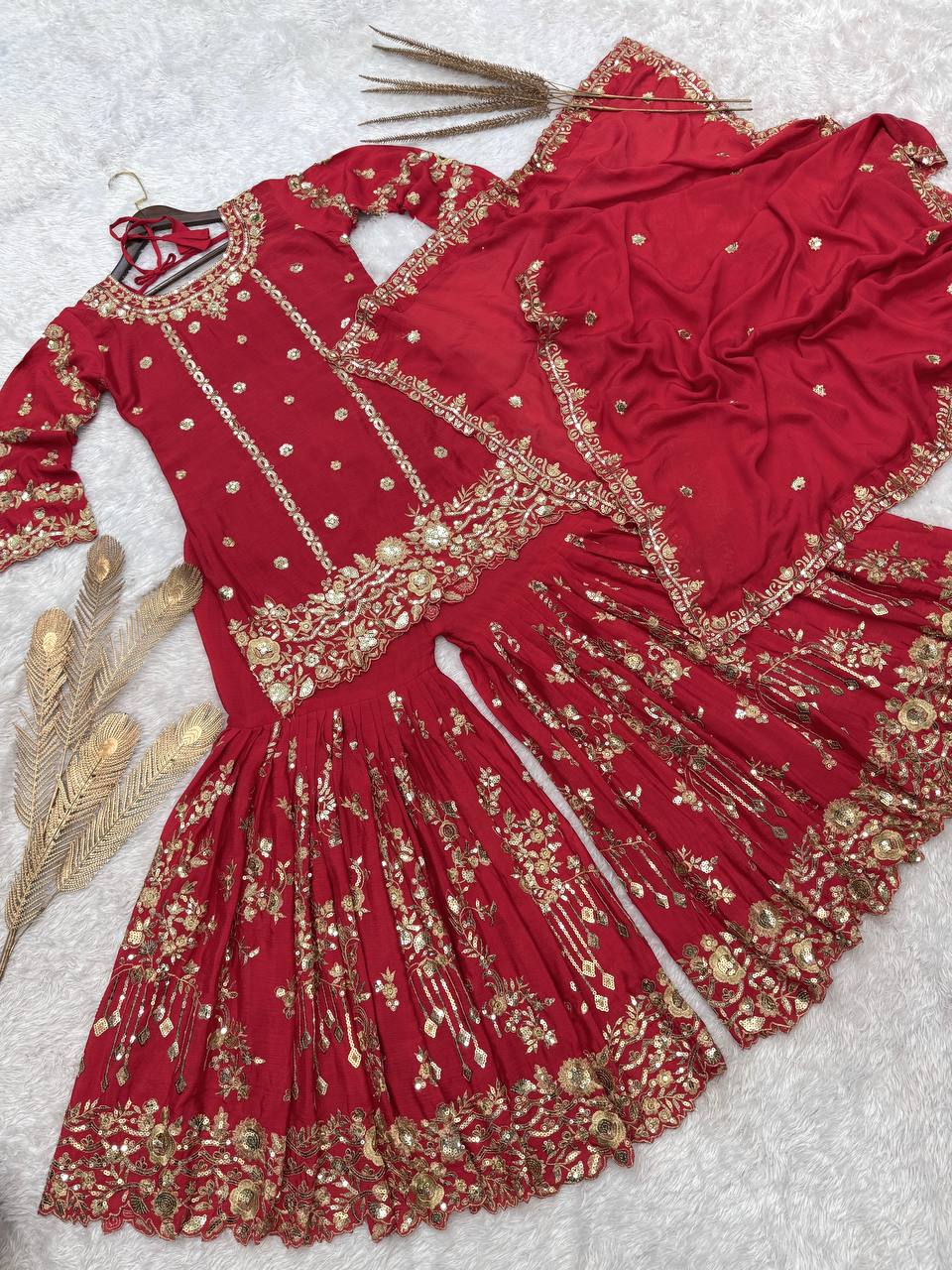 Red Rama Chinon Silk Embroidered Sharara Style Suit for Women