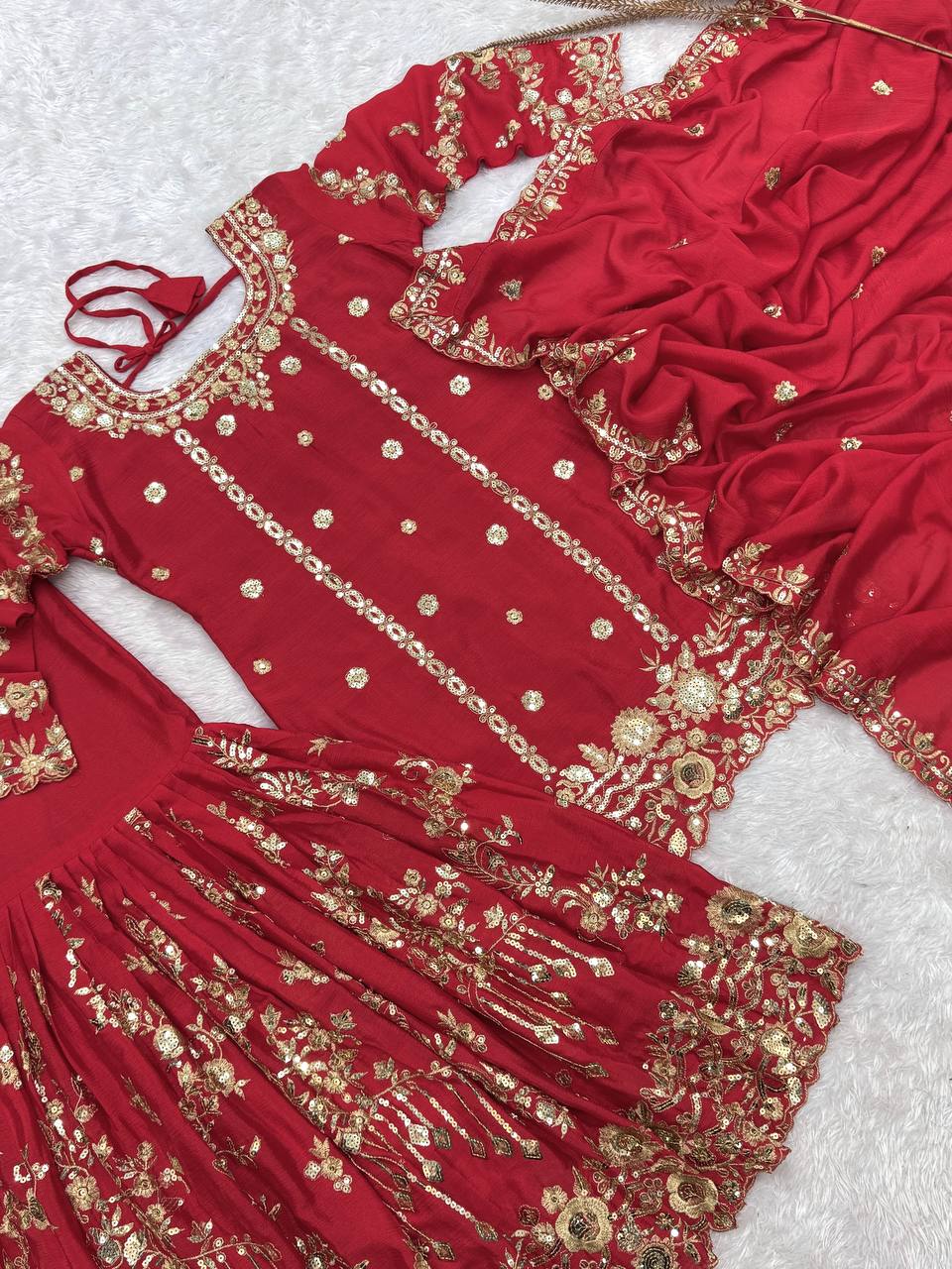 Red Rama Chinon Silk Embroidered Sharara Style Suit for Women