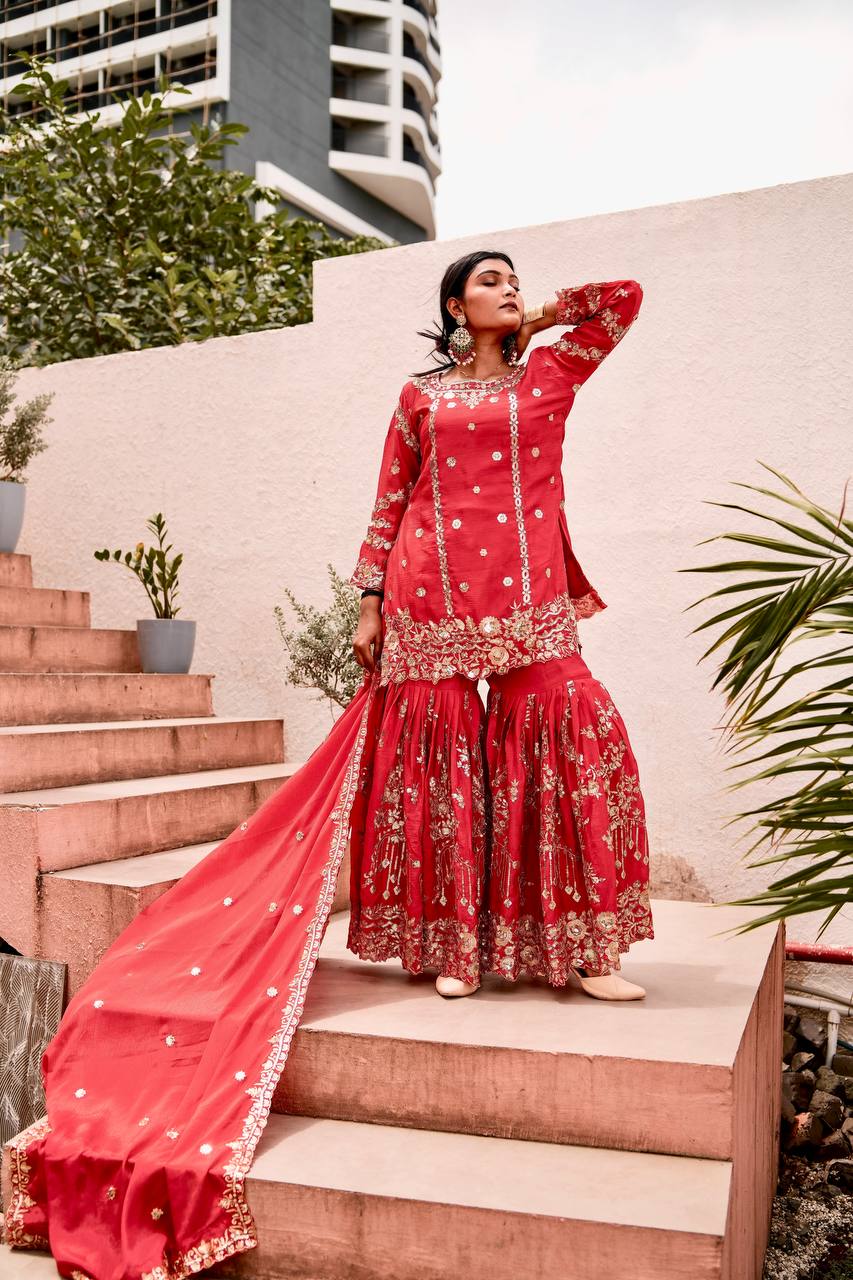 Red Chinon Silk Sharara style suit with floral embroidery and sequins