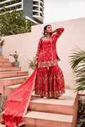 Red Chinon Silk Sharara style suit with floral embroidery and sequins