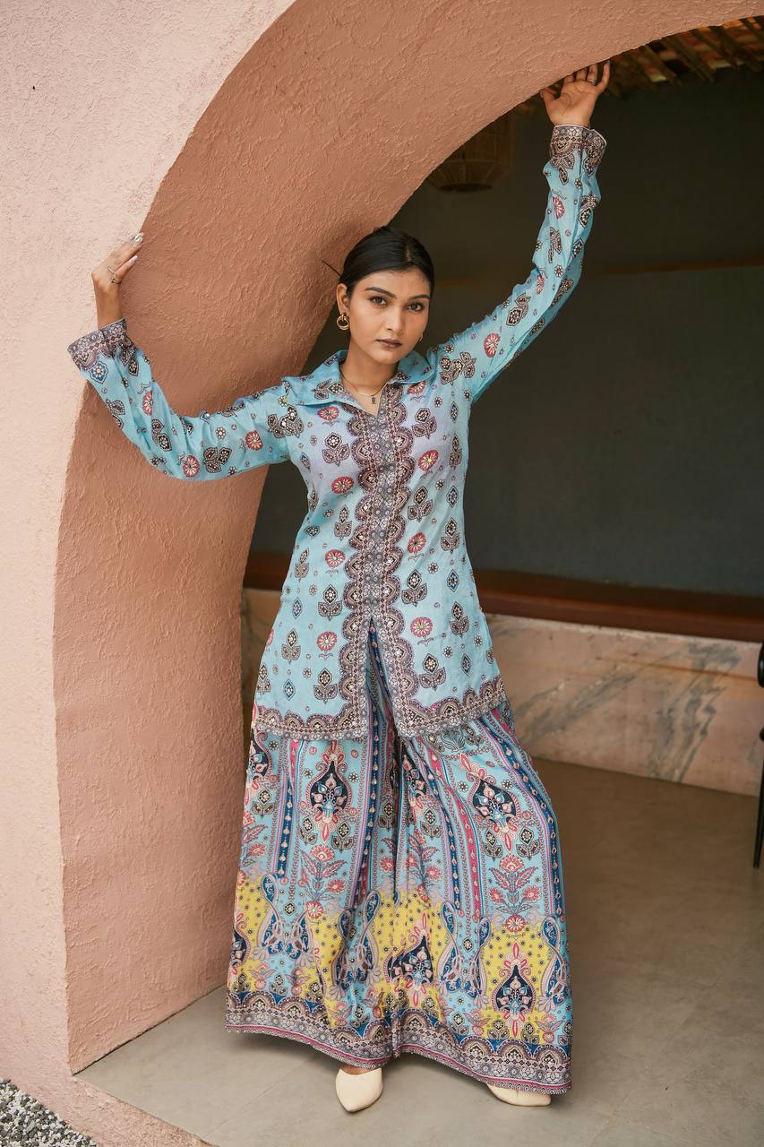Sky Blue Chinon Silk Palazzo Suit with Digital Print and Mirror Work