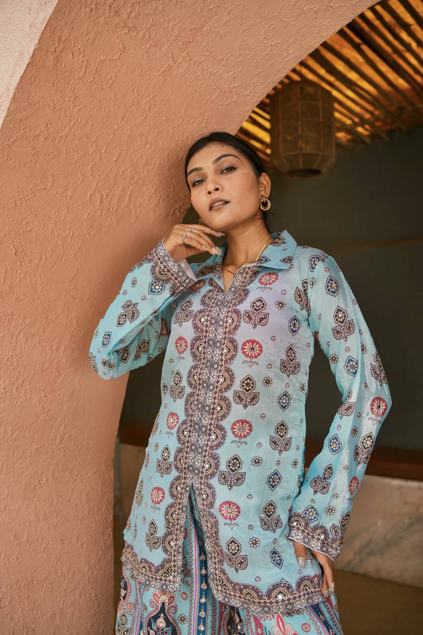 Sky Blue Chinon Silk Palazzo Suit with Digital Print and Mirror Work
