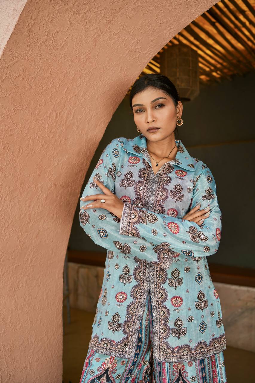 Sky Blue Chinon Silk Palazzo Suit with Digital Print and Mirror Work