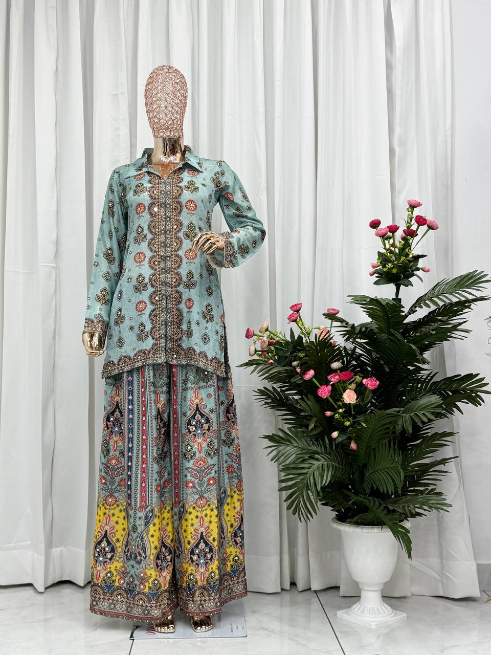 Sky Blue Chinon Silk Palazzo Suit with Digital Print and Mirror Work