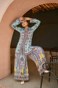 Sky Blue Chinon Silk Palazzo Suit with digital print and real mirror handwork