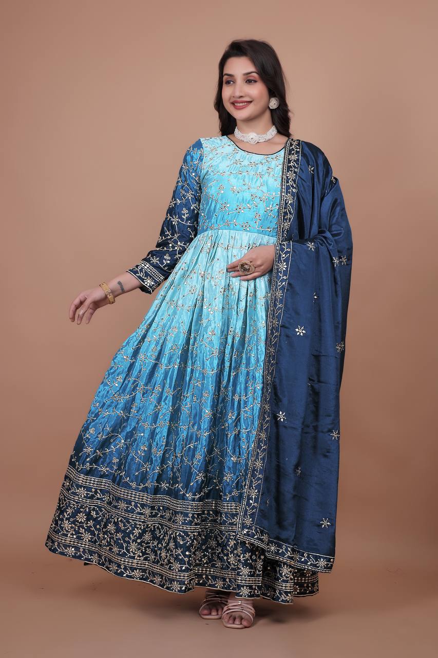 Sky Blue Chinon Silk Embroidered Anarkali Gown Suit