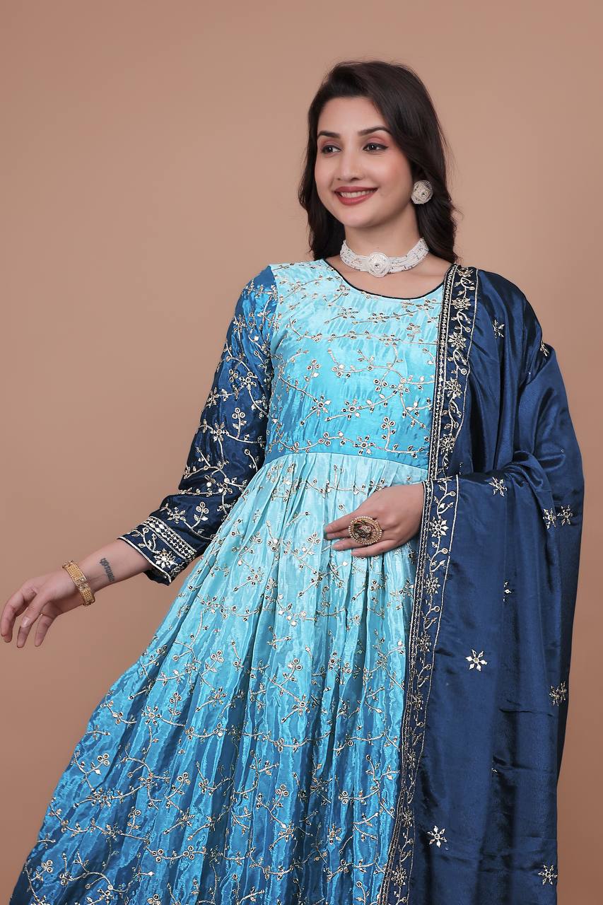 Sky Blue Chinon Silk Embroidered Anarkali Gown Suit