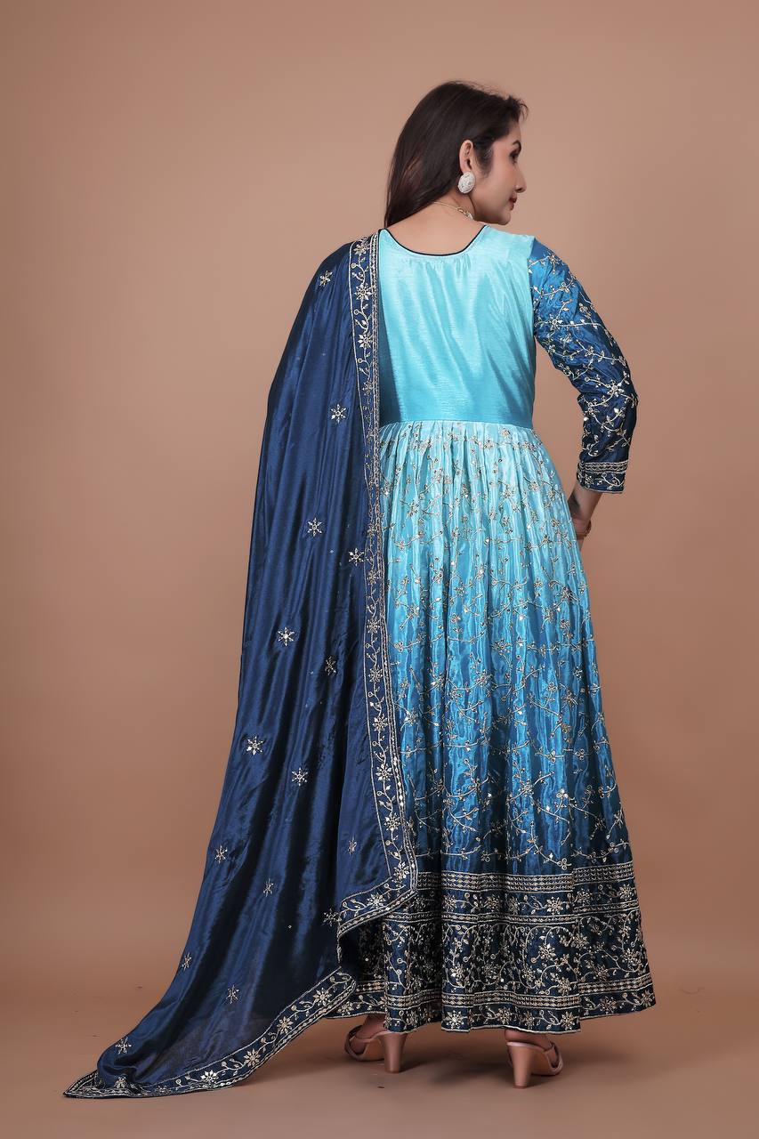 Sky Blue Chinon Silk Embroidered Anarkali Gown Suit
