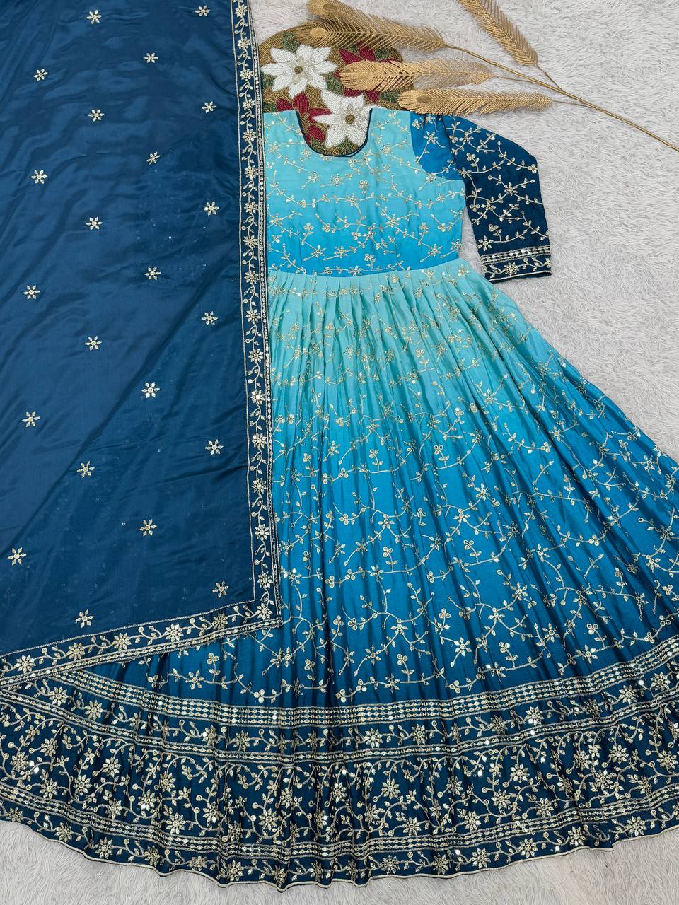 Sky Blue Chinon Silk Embroidered Anarkali Gown Suit