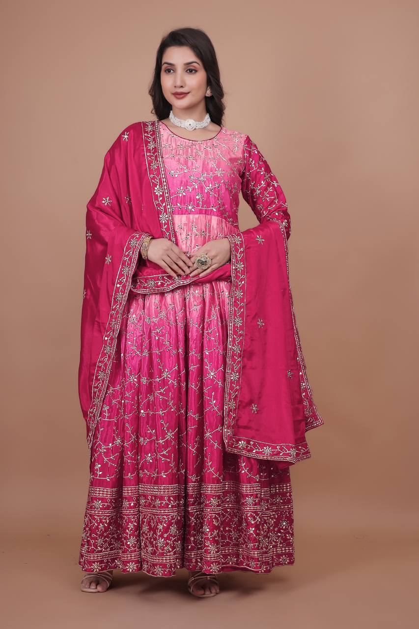 Pink Chinon Silk Embroidered Anarkali Suit with Sequin Work