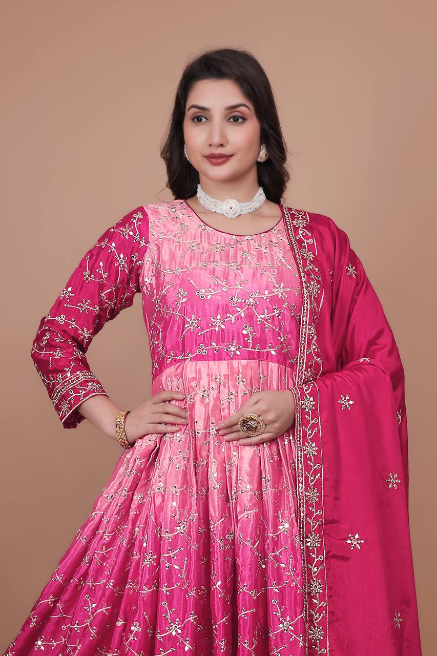 Pink Chinon Silk Embroidered Anarkali Suit with Sequin Work