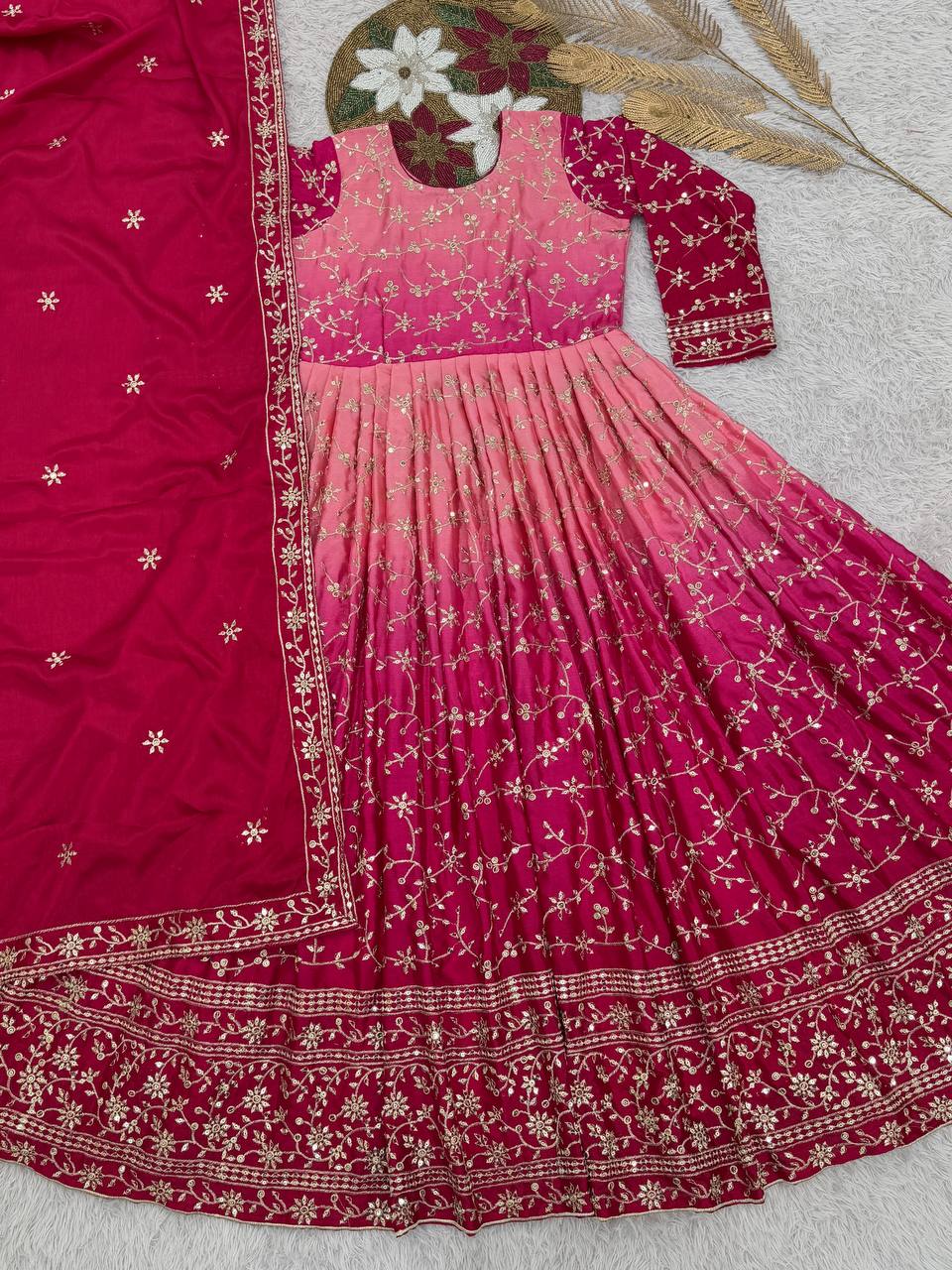 Pink Chinon Silk Embroidered Anarkali Suit with Sequin Work