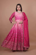 Pink Chinon silk Anarkali suit with heavy embroidery, sequin embellishments, and long sleeves.