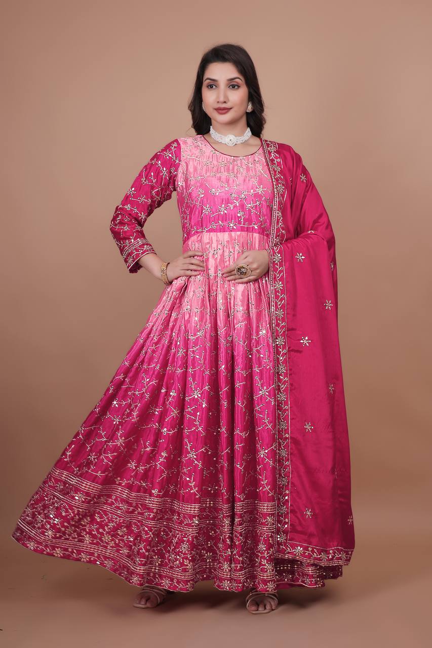 Pink Chinon silk Anarkali suit with heavy embroidery, sequin embellishments, and long sleeves.