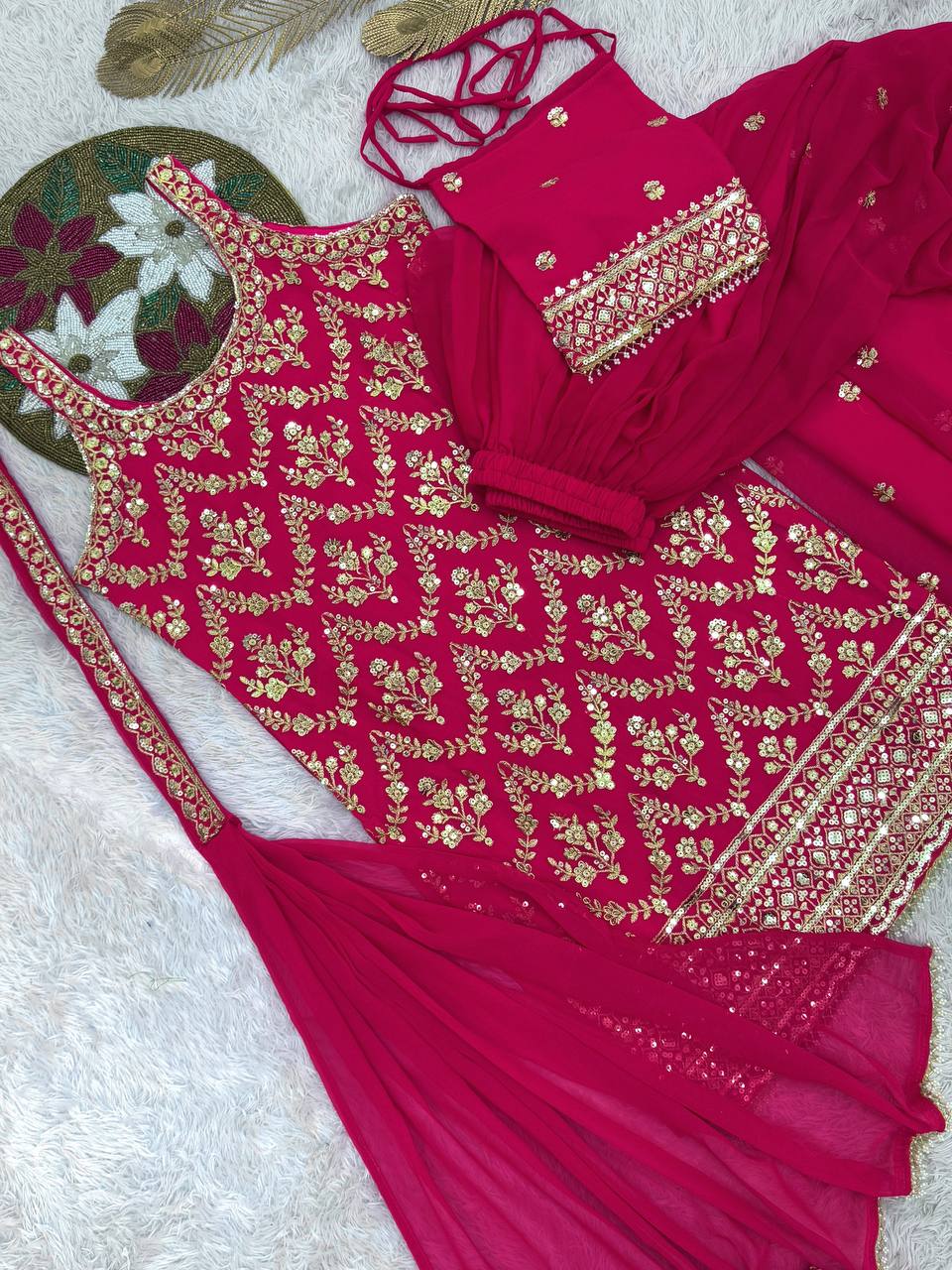 Pink Georgette Embroidered Sequin Palazzo Suit Set