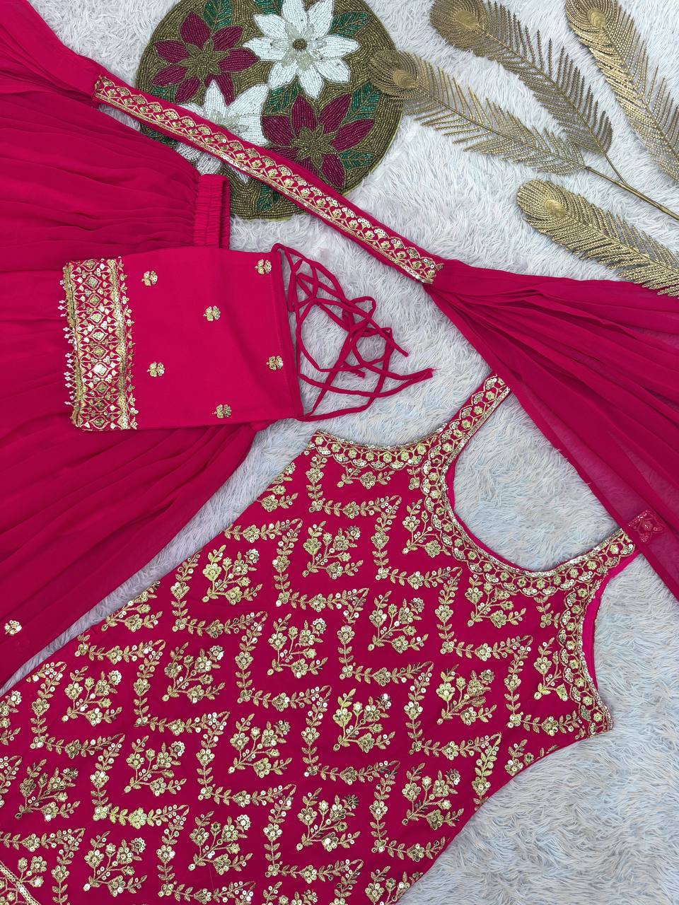 Pink Georgette Embroidered Sequin Palazzo Suit Set