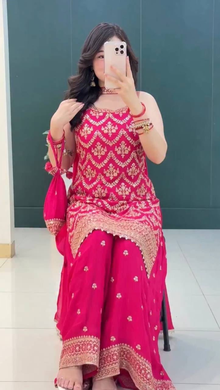 Pink Georgette Embroidered Sequin Palazzo Suit Set