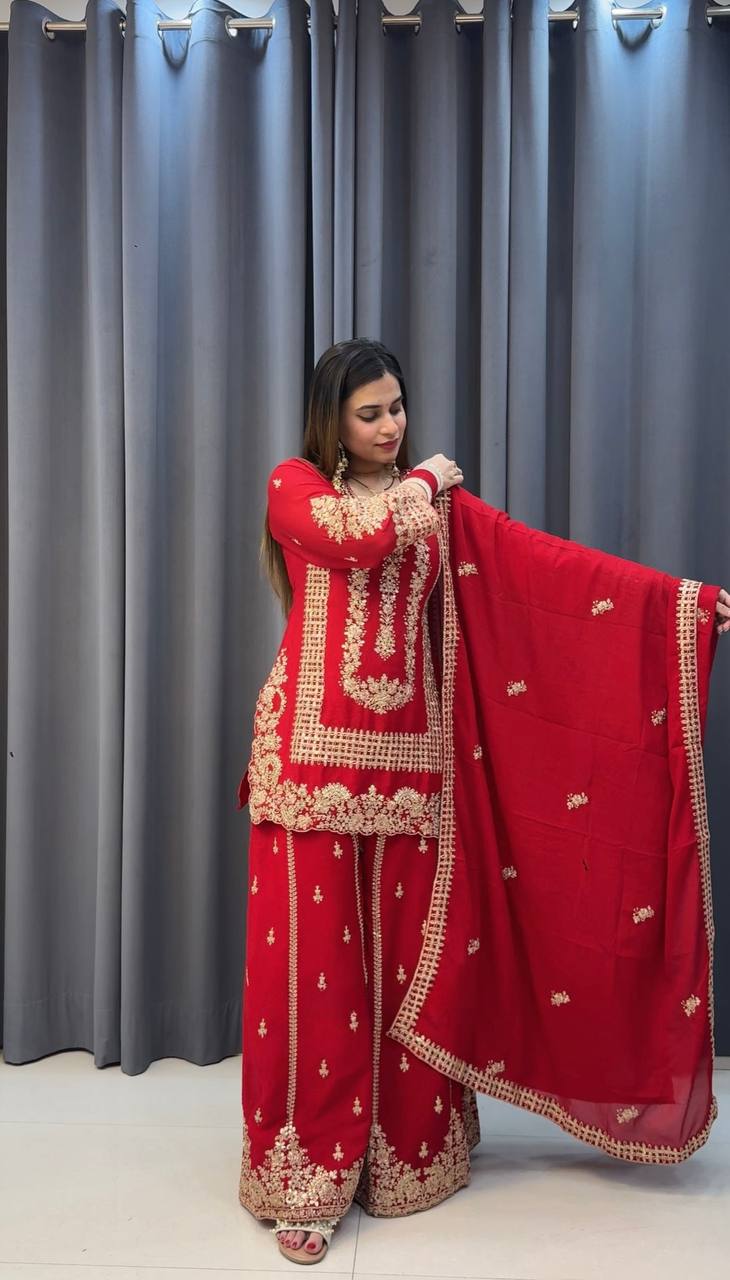 Red Georgette Embroidered Sequin Palazzo Suit Set