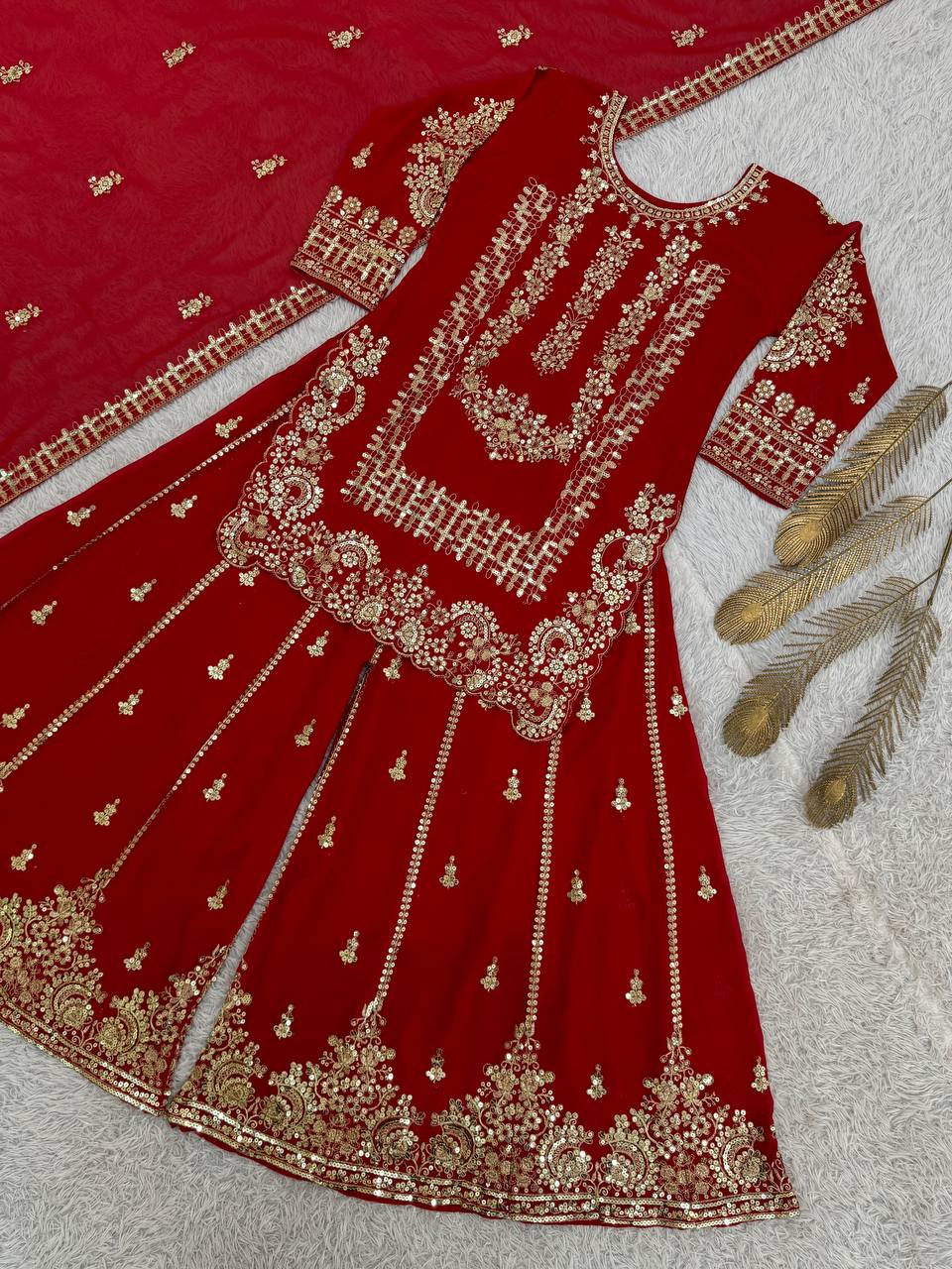 Red Georgette Embroidered Sequin Palazzo Suit Set