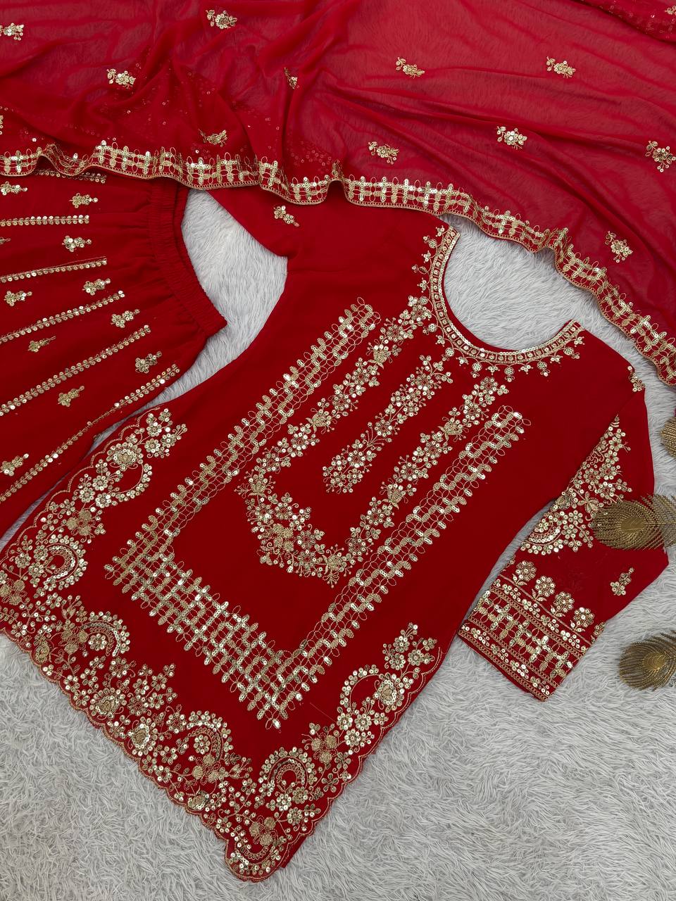 Red Georgette Embroidered Sequin Palazzo Suit Set