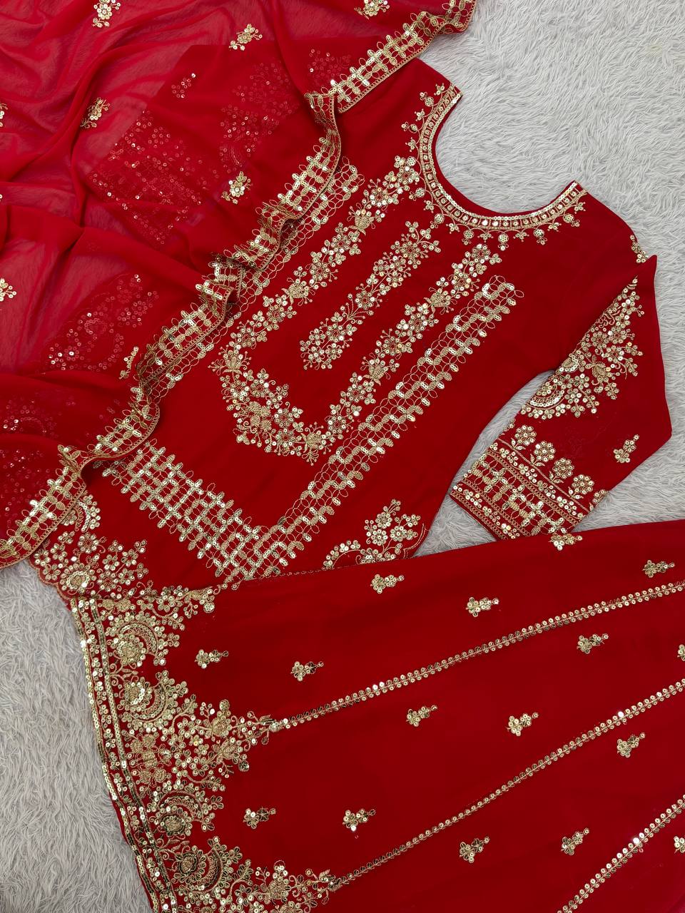 Red Georgette Embroidered Sequin Palazzo Suit Set