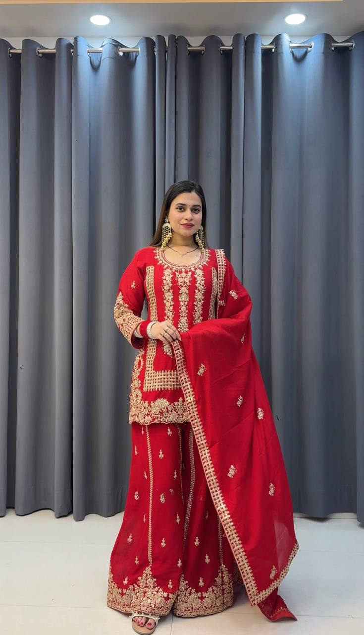 Red faux georgette palazzo suit with sequin work and embroidery