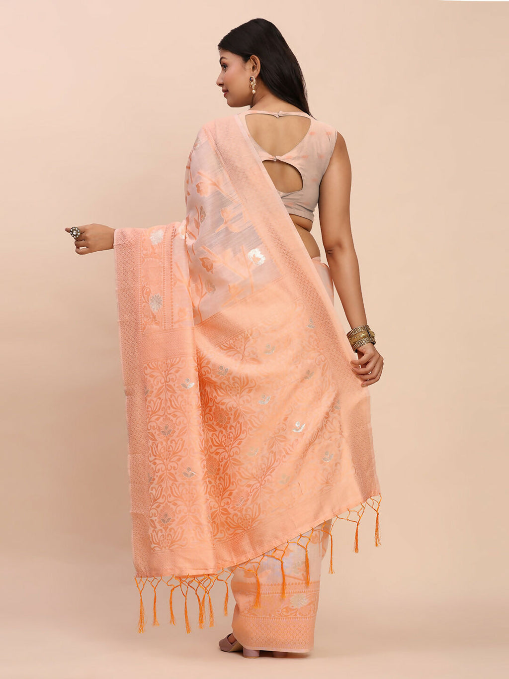 Peach Linen Cotton Saree with Matching Blouse