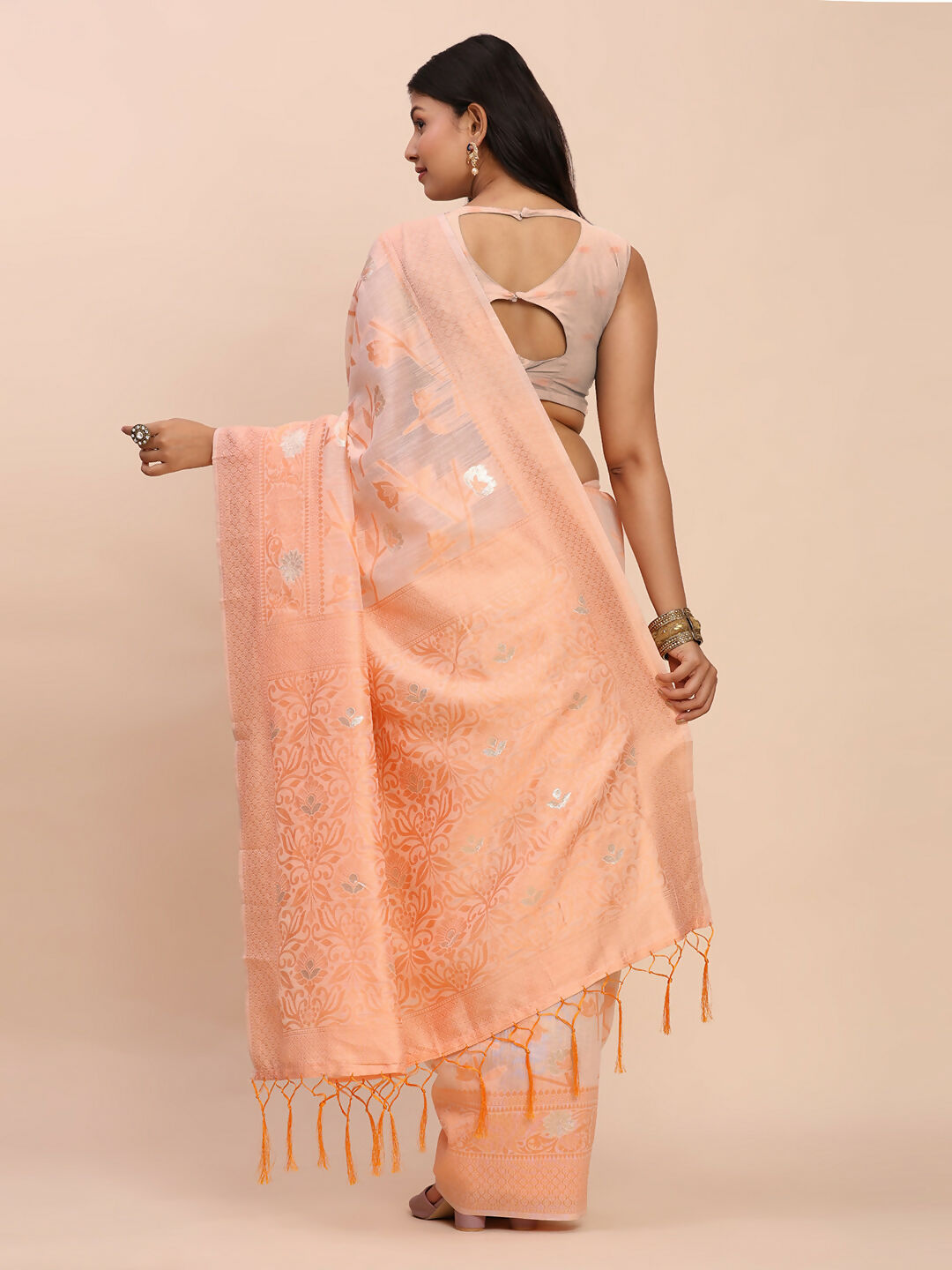 Peach Linen Cotton Saree with Matching Blouse